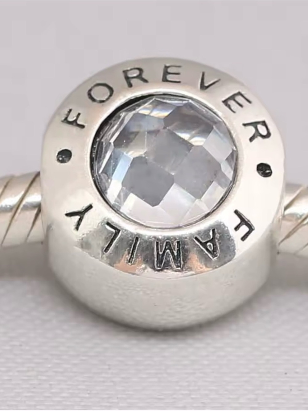 NWOT Pandora Forever Family Silver Charm Bead with Clear Crystal